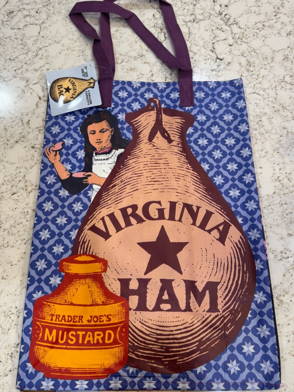 Trader Joe's Virginia Ham Printed Tote Bag in Blue & Purple